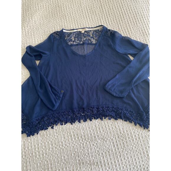 Rewind Navy Blue Semi-Sheer Lace Crochet Long Sleeve Loose Fit Blouse Sz Small - Picture 3 of 11